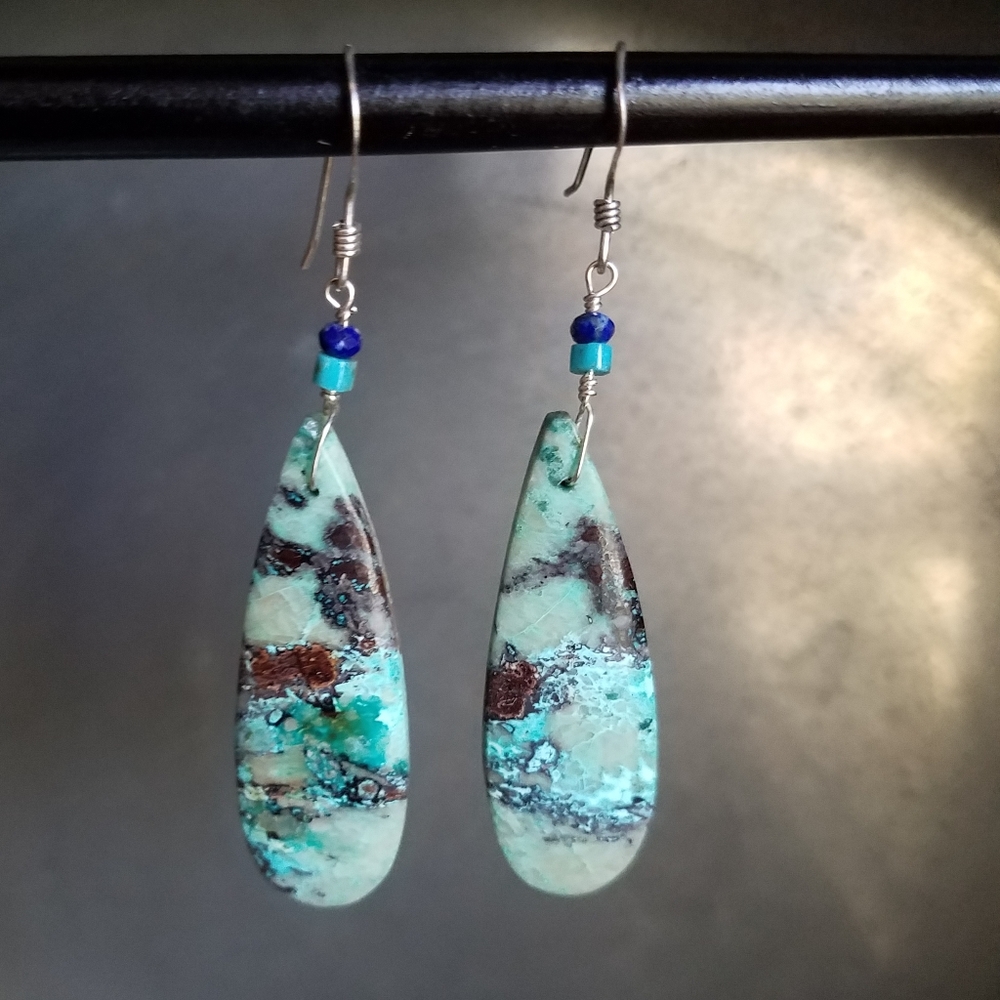 Natural Chrysocolla gemstone long earrings.